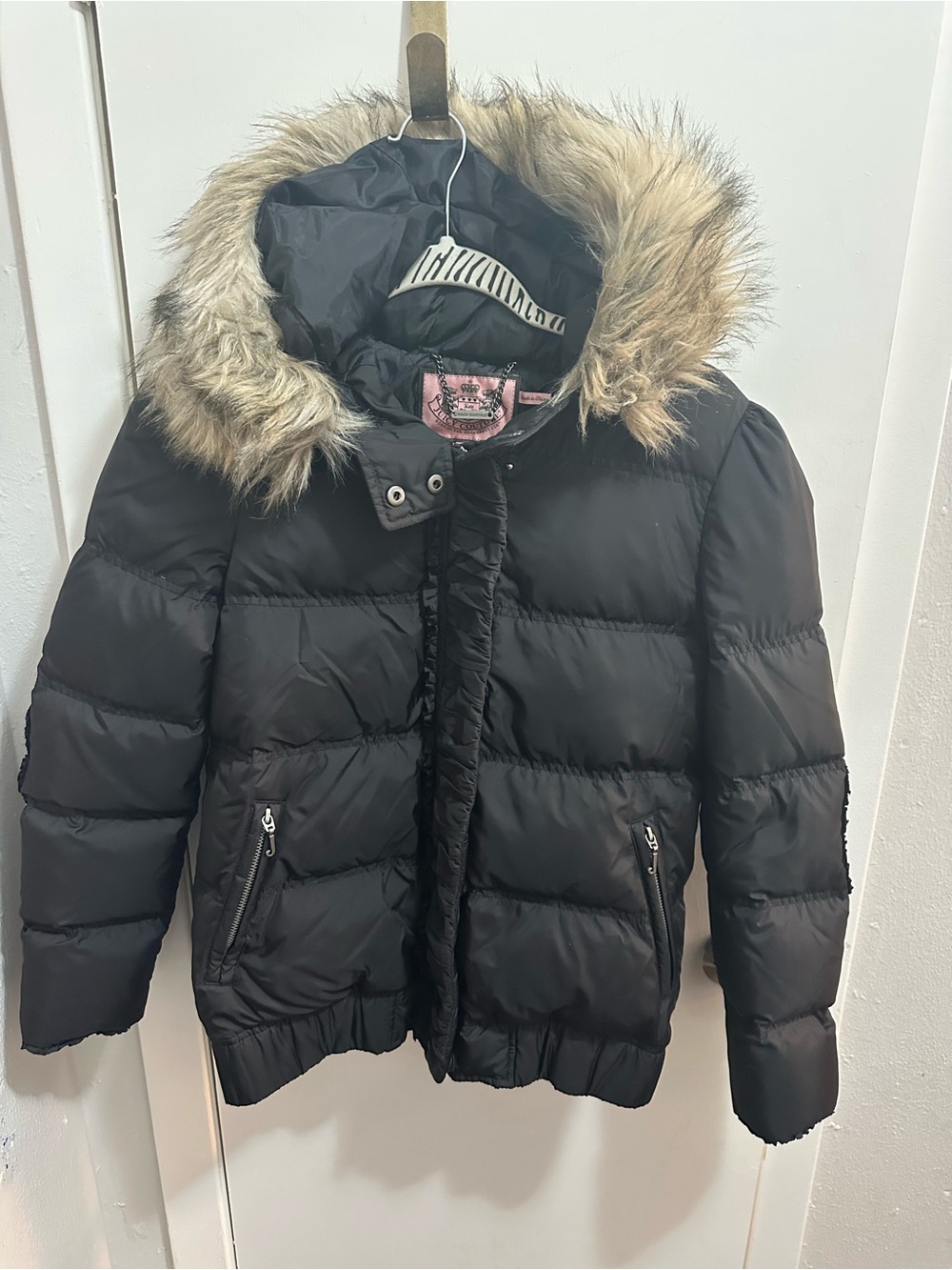 Juicy Couture  vintage y2k Black Puffer Jacket with Faux Fur Trim Hood